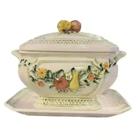 Lefton Other - Vintage Lefton Raised Fruit and Floral Soup Tureen With Tray 6915